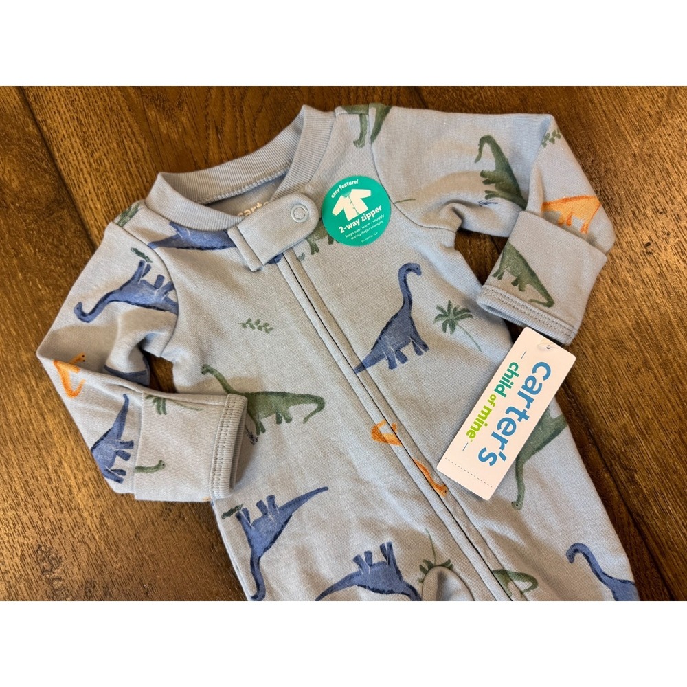 New Carters Baby Sleeper Boy Preemie Dinosaur 2 Way Zip Outfit Romper Dino Feet - Picture 3 of 13